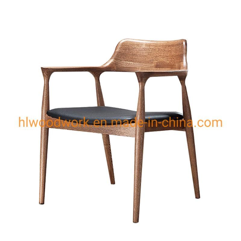 High Quality Hot Selling Modern Design Furniture Dining Chair Oak Wood Walnut Color Black PU Cushion Wooden Chair Furniture Dining Room Arm Chair Dining Chair