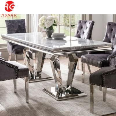 Home Furniture Luxury Grey Marble Top Dining Table Chrome Legs and Fabric Dining Table with Handle