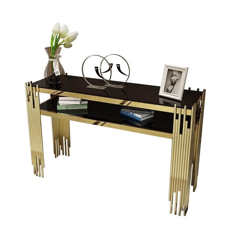 Luxury Modern Design Gold Stainless Steel Tempered Glass Top Rectangle Console Table