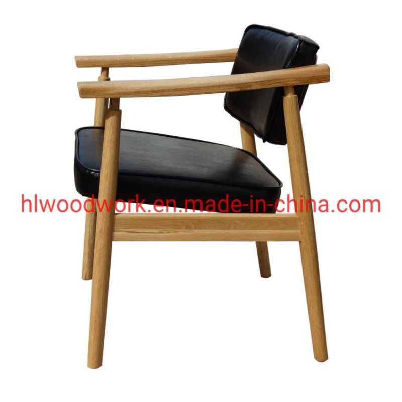 Leisure Chair Dining Chair Oak Wood Frame Natural Color Black PU Cushion Office Chair