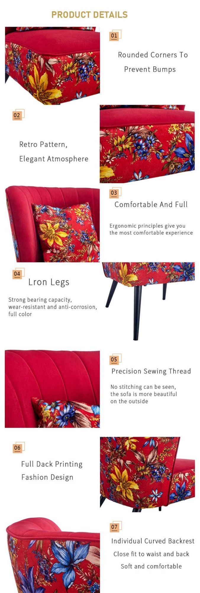 Hotel Living Room Velvet Fabric Single Sofa Chair One Seat Armchair Accent Flower Leisure Chaise