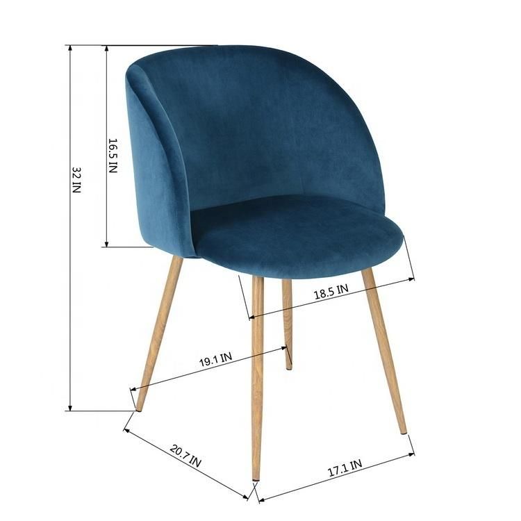 Dining Chair Velvet Wooden Structurer Metal Legs with Blue Linen Fabric