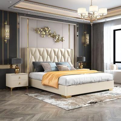 Double Grey Steel Hotel Bedding Home Mattress Bedroom Wooden Furniture Set Leather Bed