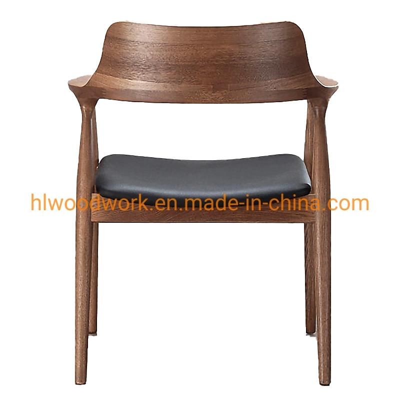 High Quality Hot Selling Modern Design Furniture Dining Chair Oak Wood Walnut Color Black PU Cushion Wooden Chair Furniture Resteraunt Furniture Dining Chair