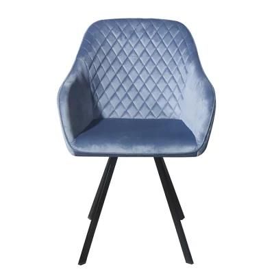 2021 Factory Supply Top One Best Selling Grey Velvet Fabric Dining Chair with Armrest and Black Metal Legs