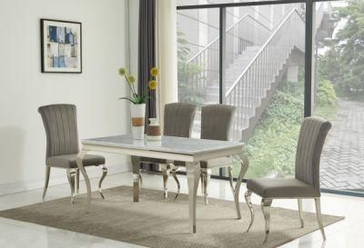 130cm Grey Round Marble Dining Table and 4 Velvet Chairs with Stainless Steel Legs