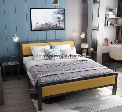 Modern Bedroom Furniture Lether Fabric Cushion Headboard Square Steel Bed