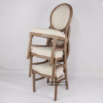 Stacking Upholstery Rustic Wood Louis Chair with Beige Linen Fabric