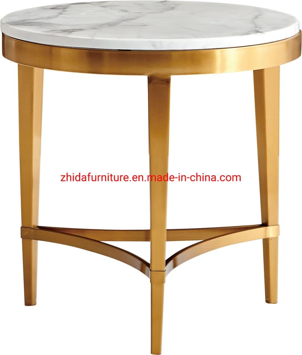 Home Furniture Living Room Sofa Side White Marble Top Golden Metal Base Luxury Bedroom Bed Side Round Table