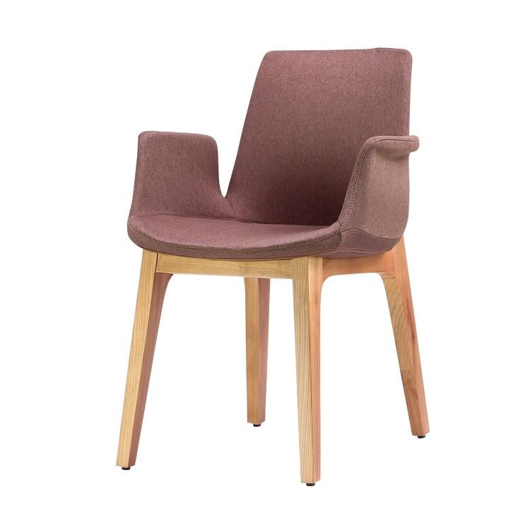 Wooden Legs Dark Wine Red Colour Fabric Seat Dining Chair with Armrest for Restaurant Use