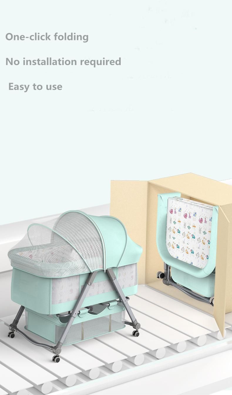 002 Baby Crib Folding Swing 300d Linen Fabric Universal Wheels Adjustable Lifting