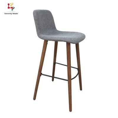 Soild Wooden Leg Hotel Bar Stool Fabric Seat Restaurant Counter Stool with Metal Footrest