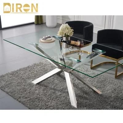 Factory Direct Sell Modern European Glass Marble Top Dining Table with Stainless Steel Legs Modern Home Fabric Furniture