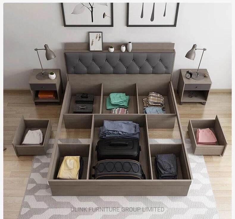 Dark Grey Bedroom Set Furniture Double Storage Bed with Leather Cushion