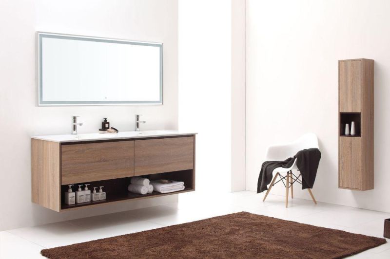 China Manufacturer Sale Modern Double Sink Stylish Design 63" Khaki Wood Finish Bathroom Cabinet