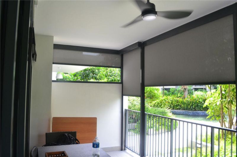 Home Hotel Balcony Decor Windproof Blackout PVC and Polyester Fabric Motorized Outdoor Zip Track Roller Blind Curtains