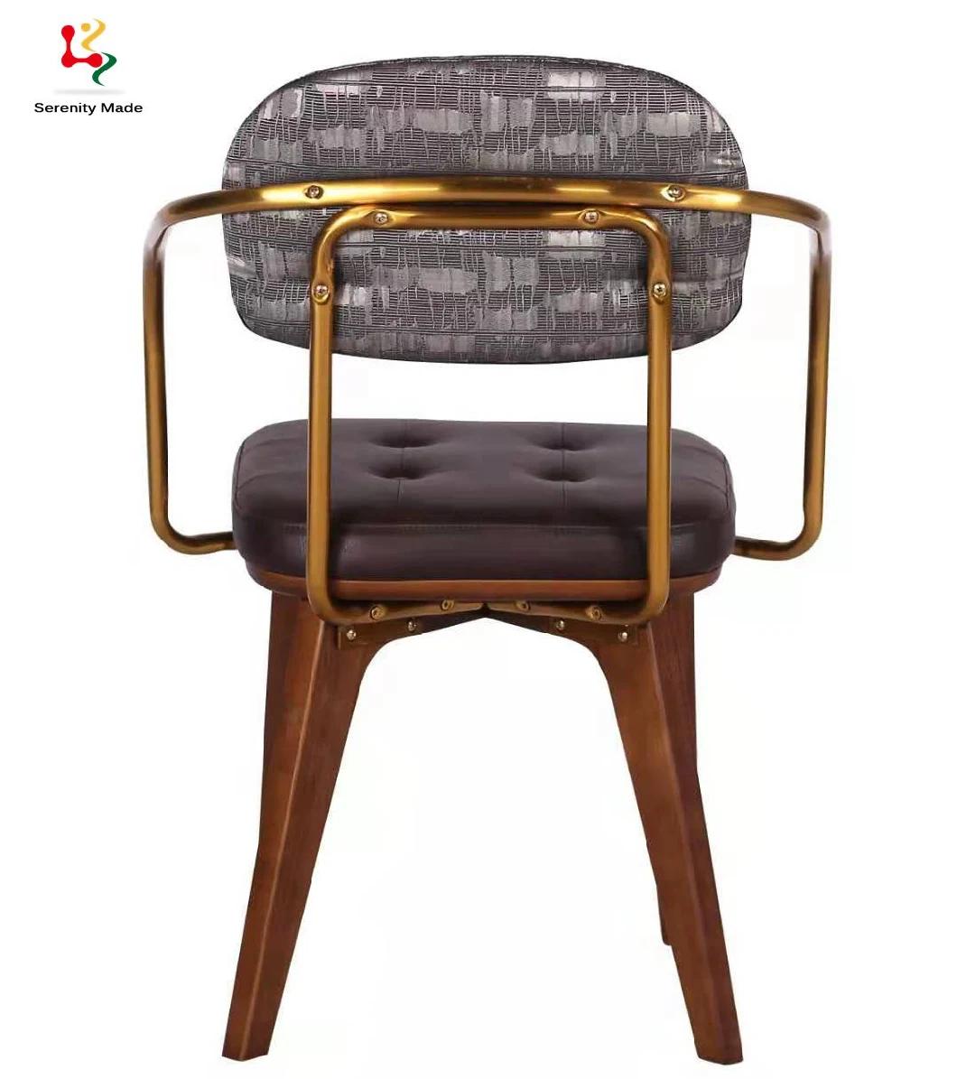 Cafe Furniture Wooden Frame Metal Arm Customize Fabric Dining Chair