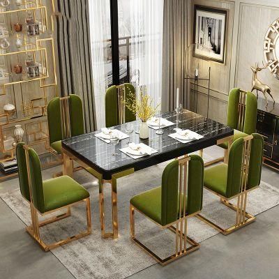 Modern Dining Table with Gold Metal Legs Rectangular Luxury Marble Top Set Leather Fabric Chairs for Dining Room Furniture