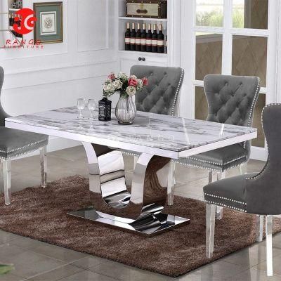 Luxury Grey Marble Dining Table Set Dinner Table Home Furniture Dining Table Chrome Legs with 6 Navy Dining Chairs