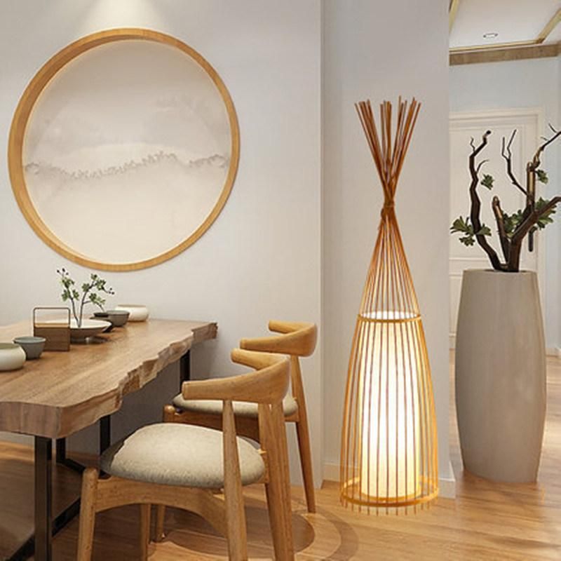 Natural Bamboo Standing Floor Lamp Cottage Wood Bamboo Shade Fabric Shade Floor Lamp (WH-WFL-04)