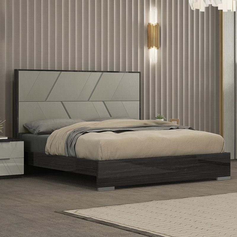 Nova Unique Shiny Grey-Brown Lacquer Finish Bed with Faux Leather Upholstery Headboard