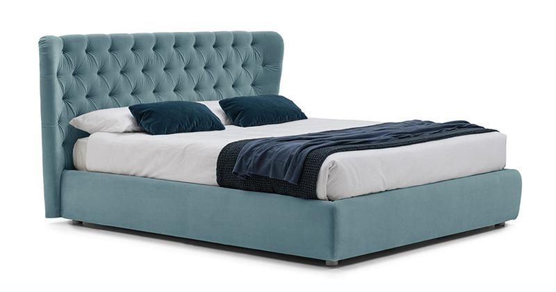 Modern Home Furniture Flat Bed Villa Bedroom Furniture Fabric King Queen Size Bed with Button Buckle Headboard