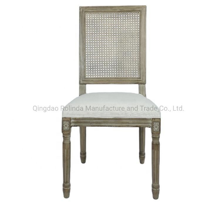 Antique General Use Wooden Round Back French Style Rattan Back Fabric Seat Louis Solid Wood Dining Chair Rectangle Square Back Chair