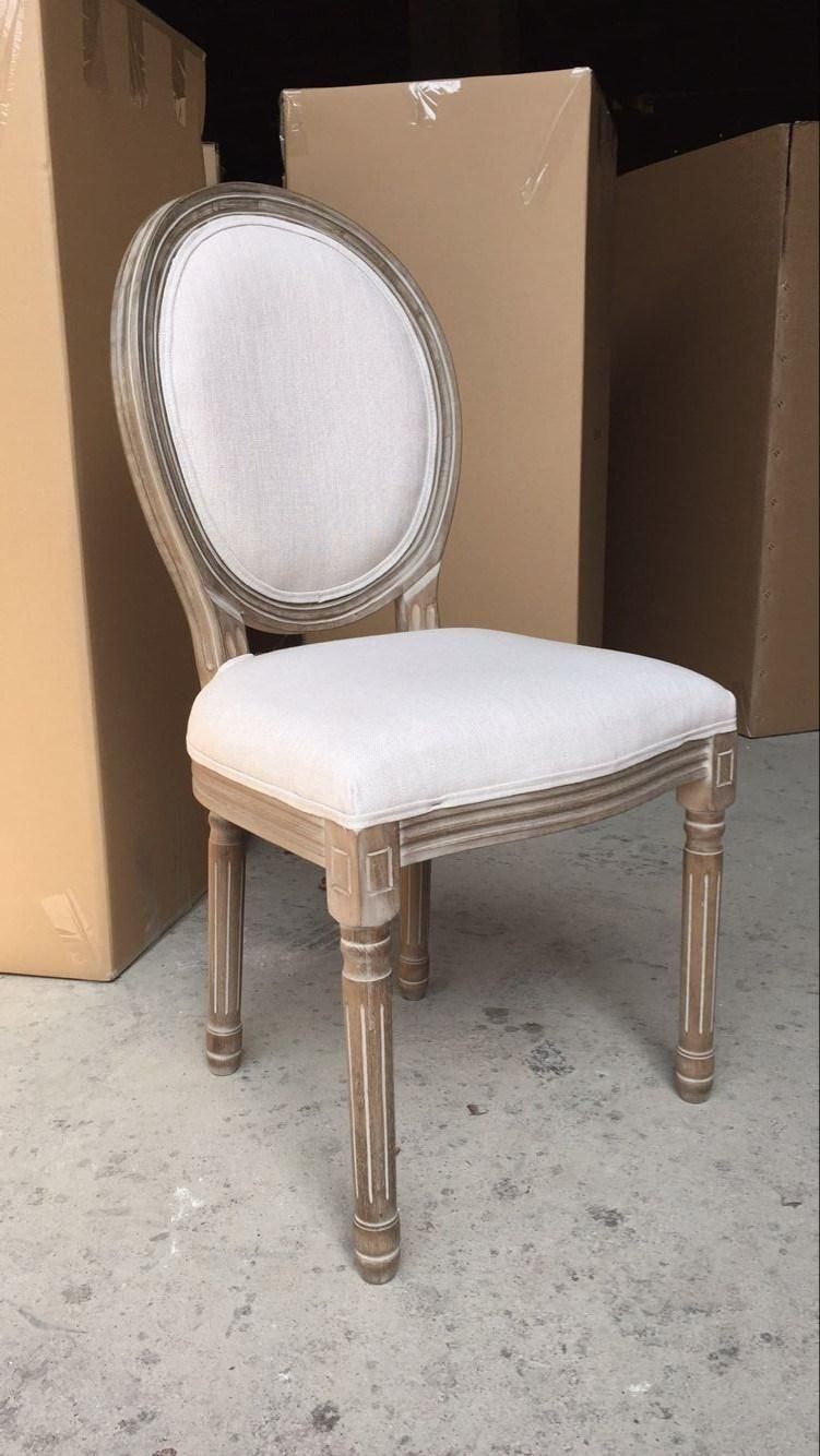 French Solid Wood Rattan Round Back Stackable Louis Chair with Linen Fabric