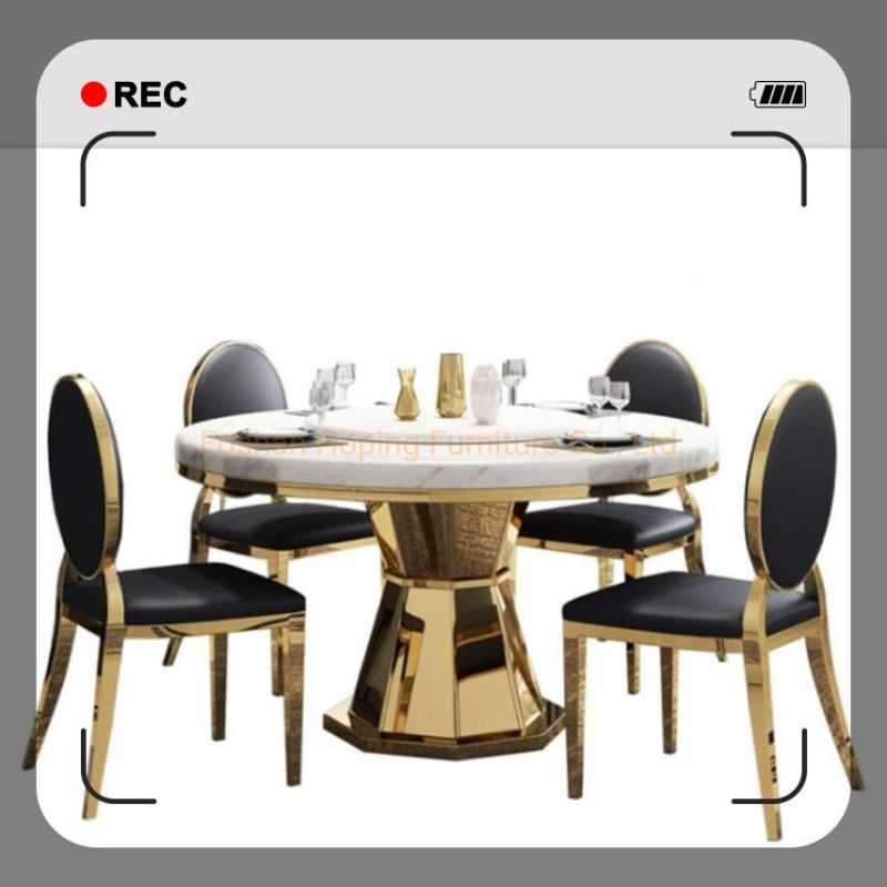 Classic Furniture Ball Circle Legs Restaurant Banquet Wedding Marble Dining Table Stainless Steel and Italian Grey Velvet Fabric Chairs