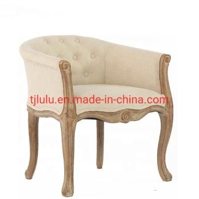 Wholesales Rental Louis French Vintage Fabric Cover Button Tufted Wooden Dining Chair with Armrest Wood Soda Chair for Wedding