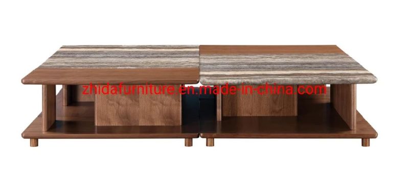 Modern Home Furniture Manufacturer Living Room Center Table Square Shape Marble Wooden Top Villa 2 Layer Coffee Table for Sale