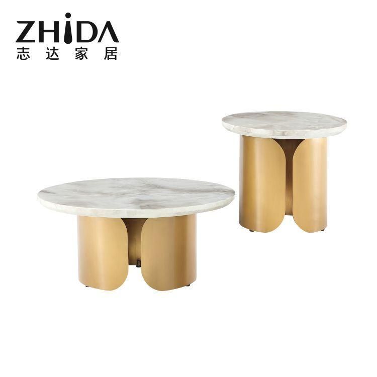 Luxury Home Furniture Italian White Marble Top Round Golden Metal Leg Table Coffee Table Living Room Center Table with Unique Design