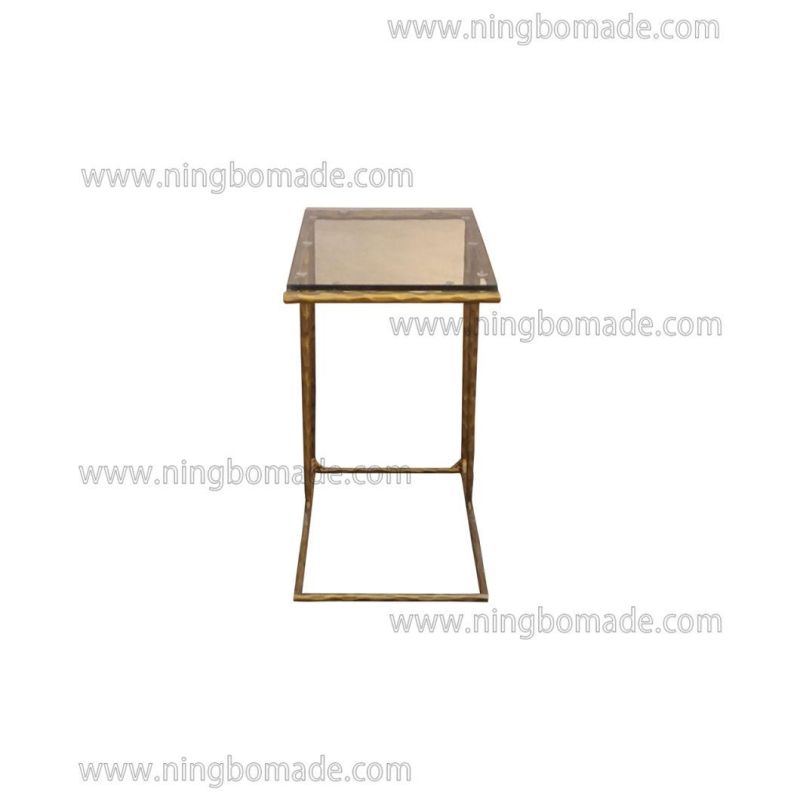 Thaddeus Sculptural Forged Collection White Tempered Glass Top Light Brass Solid Metal Base Sofa Table