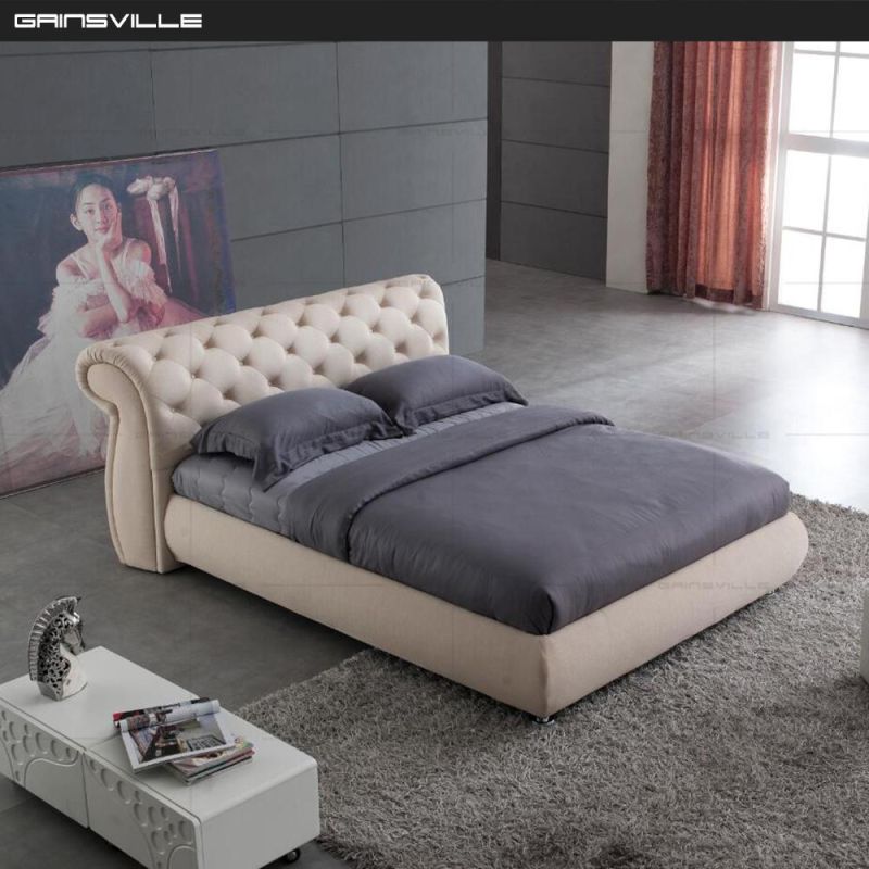 Luxury Home/Hotel Bedroom Furniture Upholstered Leather Beds Dual USB Ports King Size Tufted Bed with Crystal Buttons