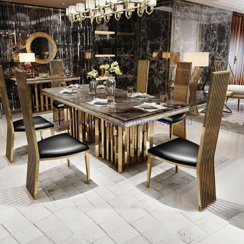 Classic Yellow Leather Velvet Flower Decoration Banquet Table Chair Set Gold Stainless Steel Wedding Dining Chair with High Big Shape Back