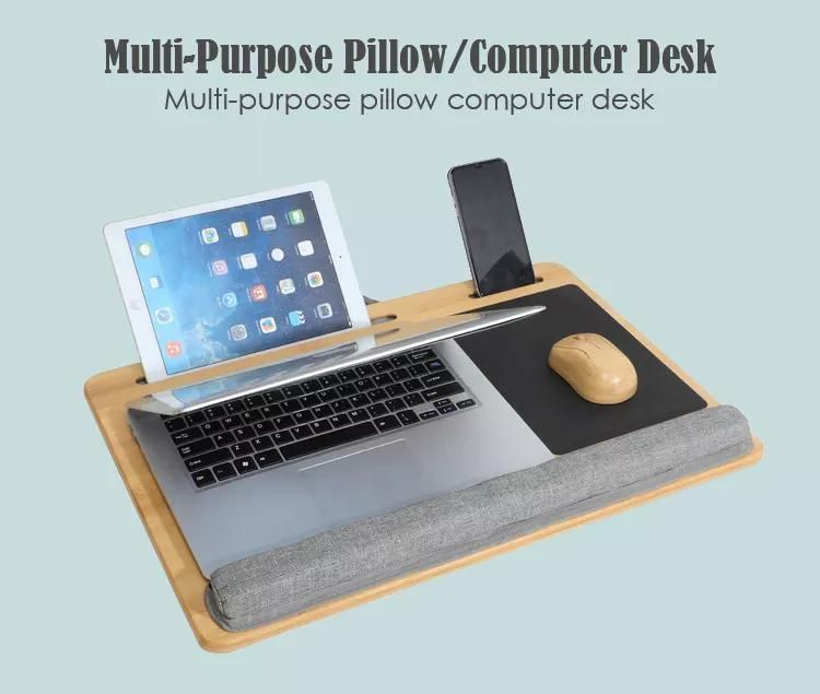 Wholesale Portable Bamboo Laptop Stand Wooden Lap Tray Bed Sofa Desk with Soft Pillow Cushion Computer Desk with Phone Slot Pad Slot