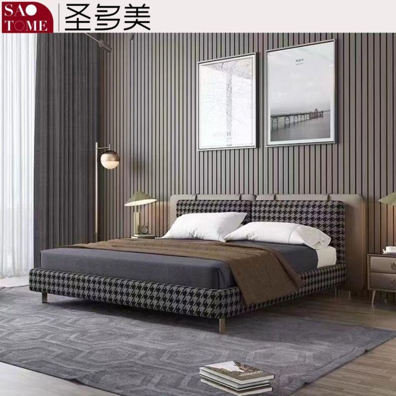 Modern Bedroom Furniture Light Grey with Houndstooth Double Queen Bed