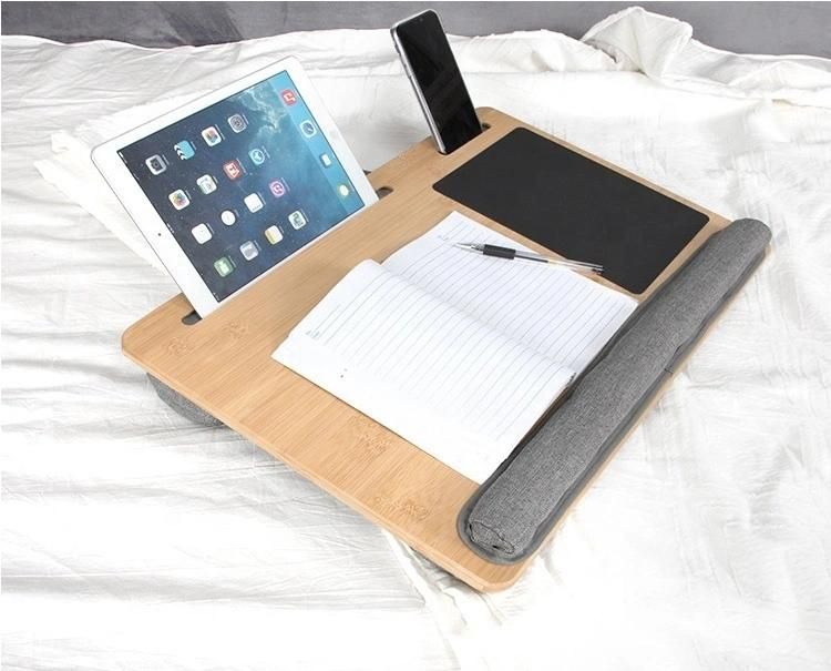 Holesale Portable Bamboo Coputer Desk Wooden Lap Tray Bed Sofa Desk with Soft Pillow Cushion Office