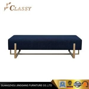 Luxury Bedroom Rectangular Bench Stool Metal Base in Blue Fabric