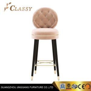 Velvet Fabric High Backrest Bar Chair Stool in Button Decoration with High Gloss Metal Legs