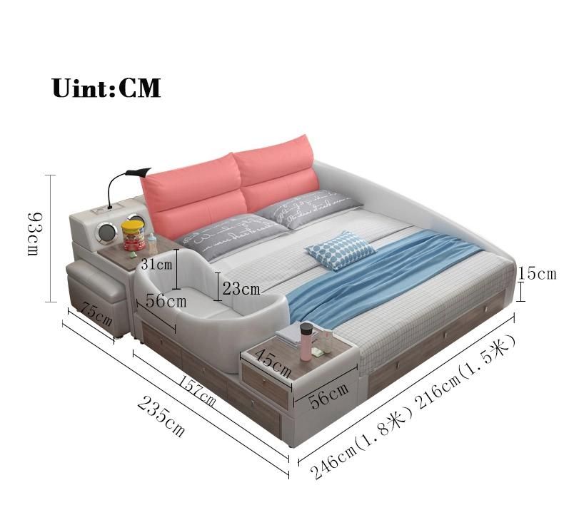 Modern Multifunction Miusc King Bed Leather Baby Bed with Storage