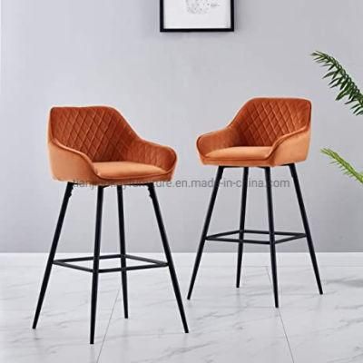 Bar Stools Set of 2 Velvet Fabric Upholstered Seat with Backrest &amp; Armrest Black Metal Legs Counter Breakfast Chairs Kitchen Chairs