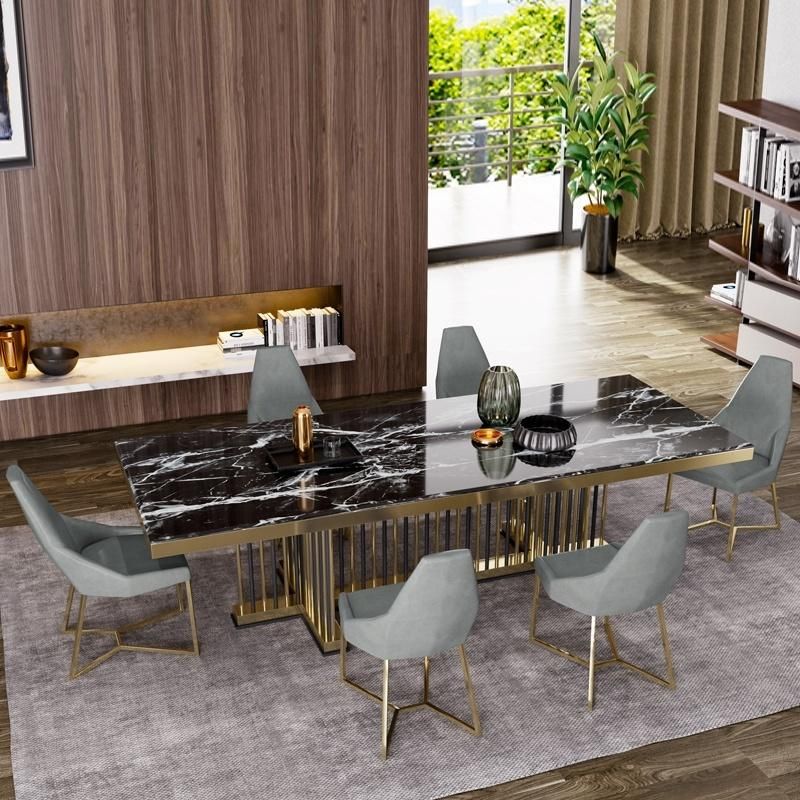 Modern Luxury Home Restaurant Furniture Set Special Metal Silver Stainless Steel Marble Dining Room Table for Home Restaurant Furniture Set