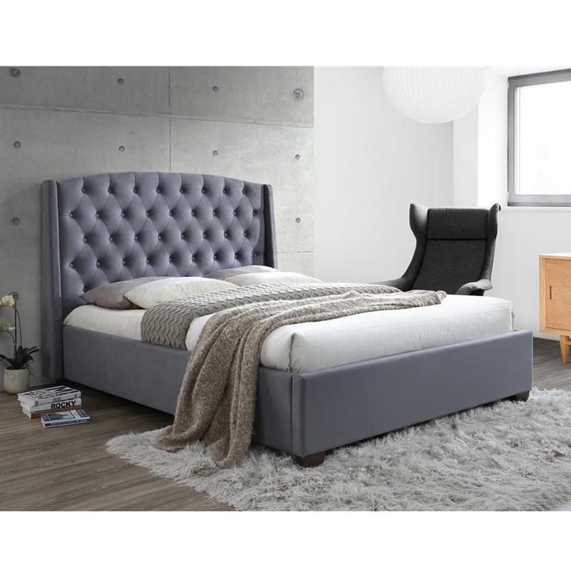 Modern Luxurious Tufted Gray Custom King Bed with Diamond Design Black Fabric King Size Queen Adult Upholstered Bed