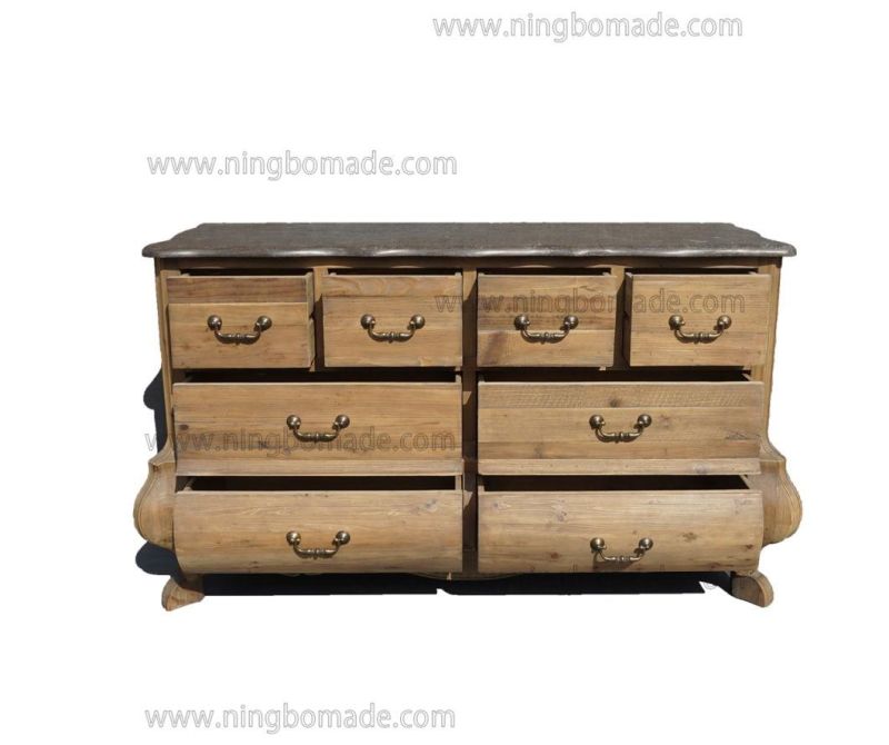 Nordic Rustic House Furniture Antique Nature Reclaimed Pine Dark Blue Stone 8 Drawers Chest