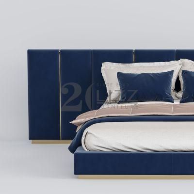 Luxury Modern Style High Class Blue King Size Bed Contemporary Home Wood Furniture Set