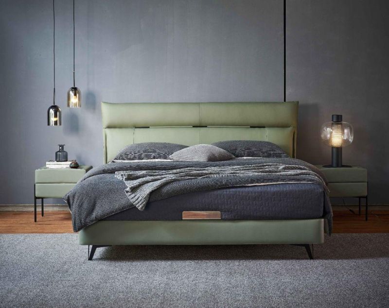 Fashion Olive Leather Bed Modern Luxury Home/Hotel Bedroom Furniture Designs Minimalist Soft Upholstered Slatted Beds Set