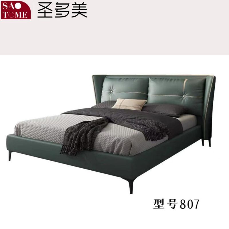 Modern High-Grade Dark Blue Leather High-Density Sponge Double Bed