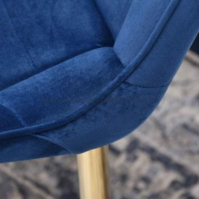 Upholstered Chair Vintage Look with Velour Cover in Blue and Steel Legs in Gold Color