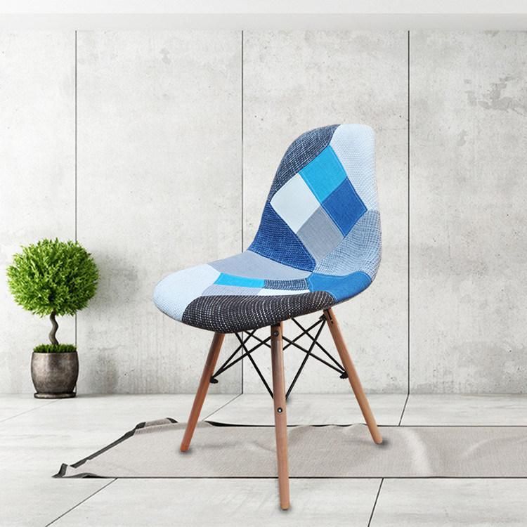 Modern Upholstered Chair Comfortable Office Chair with Wooden Leg Patchwork Dining Chair for Home